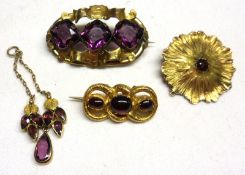 A Mixed Lot: a Victorian high grade Gold Engraved Twist Design Brooch set with three cabochon