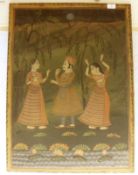 An Eastern Fabric Panel painted with Indian Figures and Foliage, 30 ½” x 22 ½”