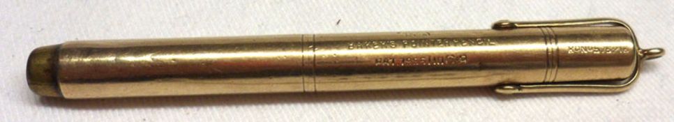 A yellow metal encased “Baker’s Pointer Pencil”, 8cm long, stamped “9ct” and weighing approx 20 gm