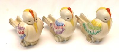 A collection of three Clarice Cliff Newport Pipe Holders, modelled as roosting birds, decorated in