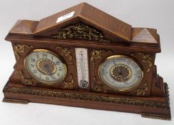 An early 20th Century French Oak Dual Mantel Clock/Barometer, circular Arabic chapter ring and