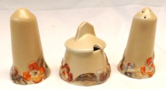 A Clarice Cliff “My Garden” Cruet, comprising a Salt, Pepperette and Lidded Mustard, all with pale