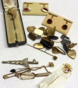 A Mixed Lot: a cased Tiger’s Claw Stick Pin; further Stick Pins and Tie Clip and a box of