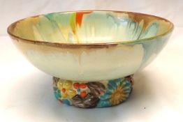 A Clarice Cliff “My Garden” Circular Pedestal Bowl, the body decorated in the Delicia manner with