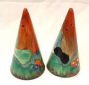 A Clarice Cliff small Conical Cruet, decorated with the Forest Glen pattern, comprising a Salt and