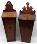Two 19th Century Oak Flip Top Wall Mounted Candle Boxes of typical form, both with inlaid detail