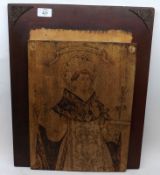 A Wooden Poker Work Picture of an Ecclesiastical Figure in Robes titled “Tinet Dum et Date Illi