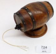 An unusual Walnut and Brass Bound Barrel-shaped String Dispenser on round base, 4” long