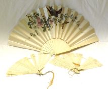 A collection of three various Bone/Ivory Fans, comprises a large 20th Century example with fabric