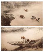 Two late 19th Century Coloured Prints of Duck Hunting Spaniels, bearing signature M Moisand, oak