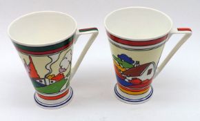 Two Wren “Home Sweet Home” Giftware Mugs, each decorated in the Clarice Cliff manner, 4 ½” high