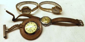 A Mixed Lot of two Ladies Vintage 9ct Gold Cased Wristwatches on gold plated bracelets; a Nurses