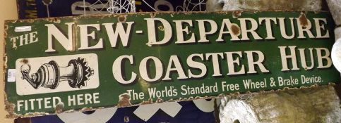 A Vintage Enamel Sign, The New Departure Coaster Hub, white and black lettering on a green