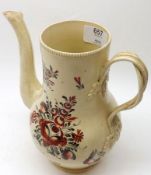 An early 19th Century English Cream Ware Coffee Pot with entwined double handle and a red and