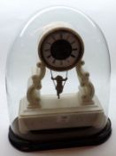 A 19th Century Alabaster Table Clock, circular white enamel dial with black Roman chapter ring and