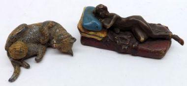 Two 20th Century Cold Painted Bronze Models of a reclining nude and a cat playing with ball of wool,