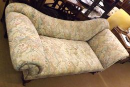 A Victorian Chaise Longue with sloped back, upholstered in an abstract patterned fabric, (some