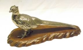 A finely cast Japanese Silver-plated Model of a Cock Pheasant on original wooden stand, 11 ½” long
