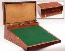 A large late 19th Century Burr Walnut veneered and Brass bound Writing Box, the centre with