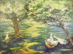DOROTHY SPINK, SIGNED, OIL, Geese in an Orchard, 17” x 23”