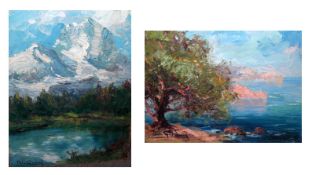 ITALO GIORDANI, TWO OILS ON PANEL, SIGNED LOWER LEFT, Mountain And Coastal Landscapes, 16 ½” x 13”