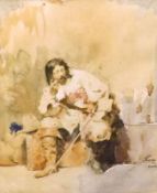 ROSSI, SIGNED AND INSCRIBED “ROME”, WATERCOLOUR, Seated Soldier, 9” x 8”