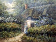 IN THE MANNER OF HELEN ALLINGHAM, OIL ON CANVAS, Lady Before Country Cottage, 11” x 15”