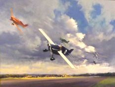 NORMAN HOAD, SIGNED, OIL ON CANVAS, “Formula 1 Air Racing”, 17” x 23” EXHIBITED AT GUILD OF AVIATION