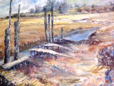 DOREEN IDLE, SIGNED, OIL ON CANVAS, Inscribed verso “Abandoned Moorings at Thornham”, 30” x 40”