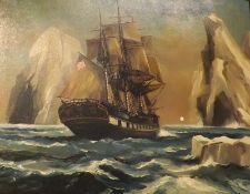 DION PEARS, SIGNED, OIL ON CANVAS, USA Frigate in Ice Flow, 27” x 35”