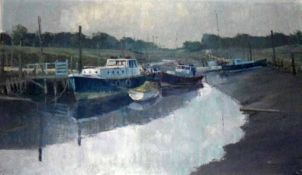 JACK PUTNEY, SIGNED LOWER RIGHT, OIL ON BOARD, Fishing Boats in an Estuary, 15” x 25”