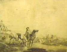 AFTER P WOUVERMANS, ENGRAVED BY VON HEIDECK, BLACK AND WHITE LITHOGRAPH, Horses Watering at a
