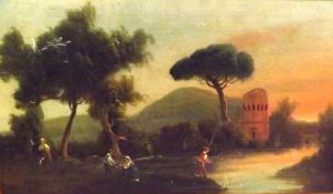 UNSIGNED, OIL, Figures in Italianate Landscape, 12 ½” x 21”