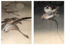 OHARA KOSON, TWO COLOURED WOODBLOCKS, Starlings and Cherry Tree plus Geese Circling a Moon, 11” x 7”