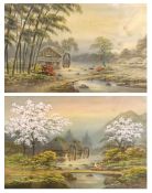 K SEKI, SIGNED, PAIR OF GOUACHE, Japanese Landscapes with Watermills, 12” x 19” (2)