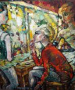 FOLLOWER OF JOHN BRATBY, BEARS SIGNATURE, OIL ON CANVAS, Preparing for the Ballet, 28” x 24”,