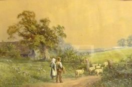 HORACE LESLIE, SIGNED, WATERCOLOUR, Shepherd and his Wife Driving Sheep through a Gate, 12” x 17”