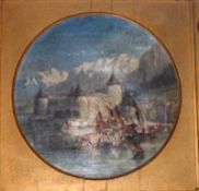 ATTRIBUTED TO WILLIAM GAWIN HERDMAN, OIL ON CANVAS, Continental Coastal Town, 10 ½” diameter
