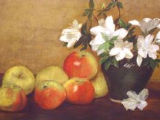 UNSIGNED, OIL, Still Life Study of Apples and Vase of Flowers, 11” x 15”