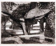 HENRY HOLZER, SIGNED IN PENCIL TO MARGIN, BLACK AND WHITE MIXED MEDIA, “Under Trees”, 15” x 19”,