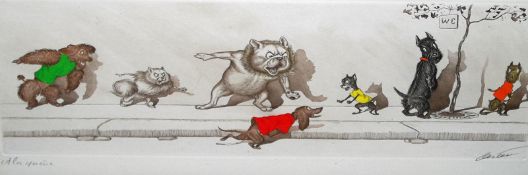 BORIS O’KLEIN, SIGNED, HAND COLOURED ETCHING, A La Queue, (Comical Parisian Dogs), 6” x 18”