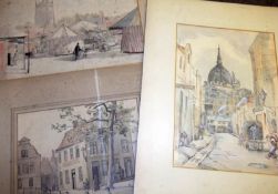 MARJORIE HOARE, SIGNED, PENCIL AND WATERCOLOUR, Inscribed verso “Swaffham Market Place”; together