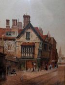 JAMES LAWSON STEWART, SIGNED, WATERCOLOUR, Street Scene with Figures and Tudor Buildings, 18” x 13”