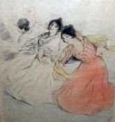 AFTER OSTERLIND, EARLY 20TH CENTURY HAND COLOURED LITHOGRAPH, Three Fashionable Ladies Dancing,