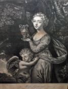 AFTER J REYNOLDS, ENGRAVED BY R CORBUTT, 18TH CENTURY BLACK AND WHITE MEZZOTINT, “Miss Gravile”, 12”