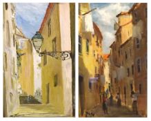 INDISTINCTLY SIGNED, TWO OILS ON BOARD, Continental Street Scenes, 12 ½” x 8” and 15” x 9” (2)