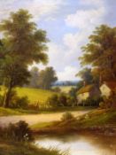 S HOLT, SIGNED, OIL ON CANVAS, Rural Landscape with Cottages, 23” x 19”