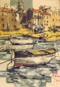 BERNARD DUFOUR, SIGNED, ACRYLIC ON CANVAS, Continental Town with Moored Boats, 17” x 11 ½”