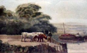 ATTRIBUTED TO PETER DE WINT, WATERCOLOUR, Herder and Cattle by a Jetty, further Figure in Boat, 7” x