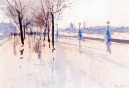 IAN HOUSTON, WATERCOLOUR, SIGNED LOWER RIGHT, Winter Evening on the South Bank – London, 11” x 16”